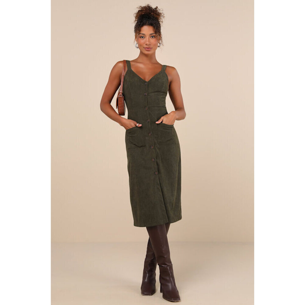 Lulus Certainly The Sweetest Olive Corduroy Button-front Midi Dress Green